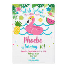 Convite de Festa Tropical na Piscina com Flamingo