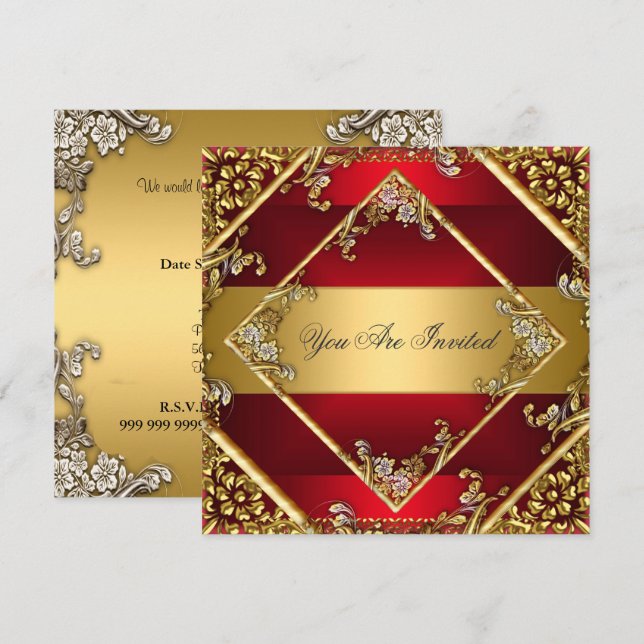 Convite de Festa Vermelho Dourado Quadro Floral (Frente/Verso)