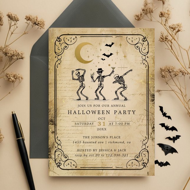 Convite de Festa Vintage de Halloween com Esquelet (Criador carregado)