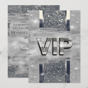 Convite de festa VIP metálico prateado brilhante f