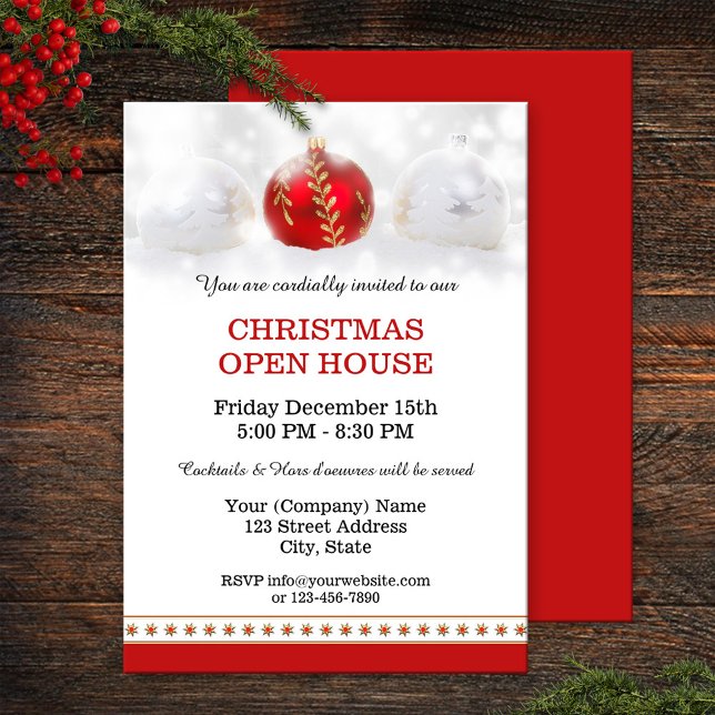 Convite de festas Aberto de Natal da Empresa (Traditional Christmas party or open house invitation featuring festive Christmas baubles and stars)