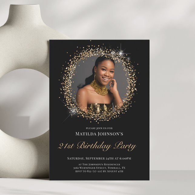 Convite de festas aniversário de 21 anos Dourado b (Glitter Black Gold 21st Birthday Party Invitation)