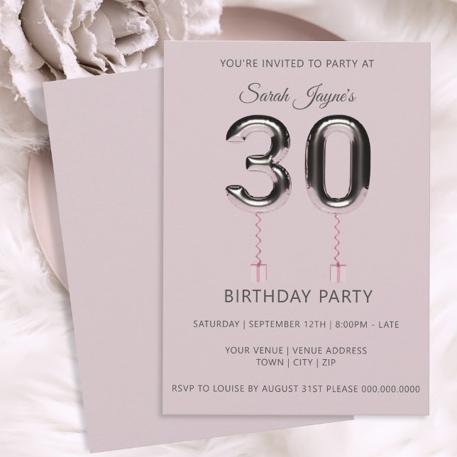 Convite de festas aniversário de 30 anos de Balão  (Happy Birthday! If you're celebrating your 30th, here's a blush pink & silver party invitation)