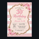 Convite de festas aniversário de 30 anos de Peonie<br><div class="desc">Convite de festas de aniversário de 30 anos de Peões Rosa Floral para mulheres. Dourada Glitter. Chic Floral de Flor de Água. Listras brancas e rosa. 13 15 16º 18º 20 21 rua 30 40º 50º 80 de 60º 70 de 100º, qualquer idade. Digital Imprimível. Para mais personalização, clique no...</div>