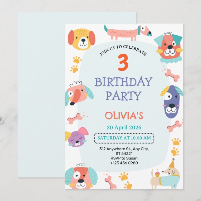 Convite de festas aniversário de 3 anos de Cachorr (Frente/Verso)