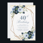convite de festas aniversário de 40 anos floral az<br><div class="desc">Um design floral encantador com uma adorável flor azul de aquarela. O texto e as cores podem ser personalizados.</div>