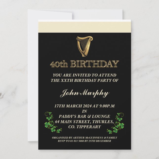 Convite de festas aniversário de 40 anos irlandês (Frente)