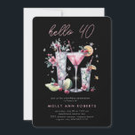 Convite de festas aniversário de 40 anos moderno<br><div class="desc">Convite de festas moderno de aniversário de 40 anos da Glittery - com cocktails espumantes com tipografia moderna com um pouco de brilho jogado. Prata e rosa-pincelado são dramáticos em um fundo preto. A parte de trás do convite está coordenando o brilho para um toque festivo.</div>