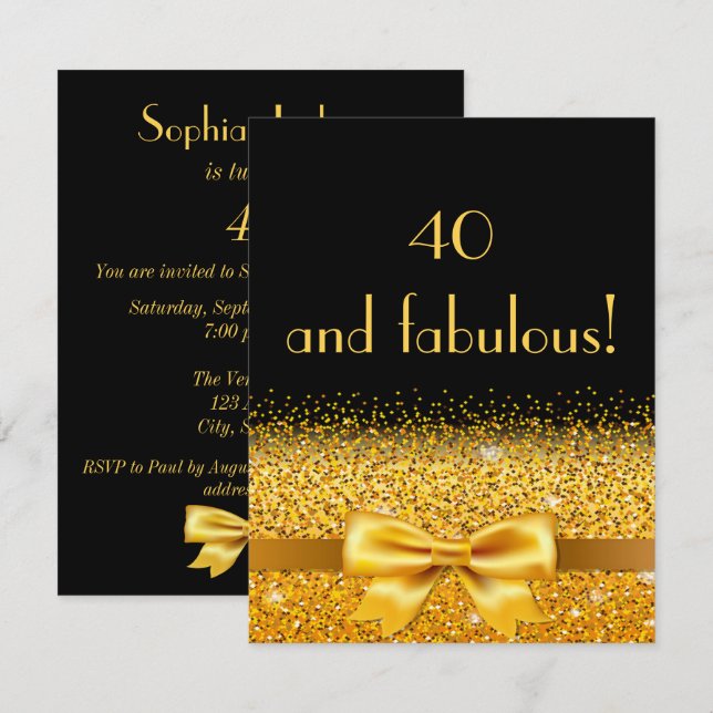 convite de festas aniversário de 40 anos preto com (Frente/Verso)