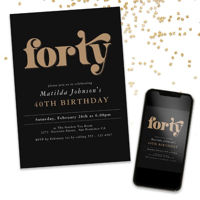 Convite de festas aniversário de 40 anos preto e D (Chic Black and Gold 40th Birthday Party Invitation)