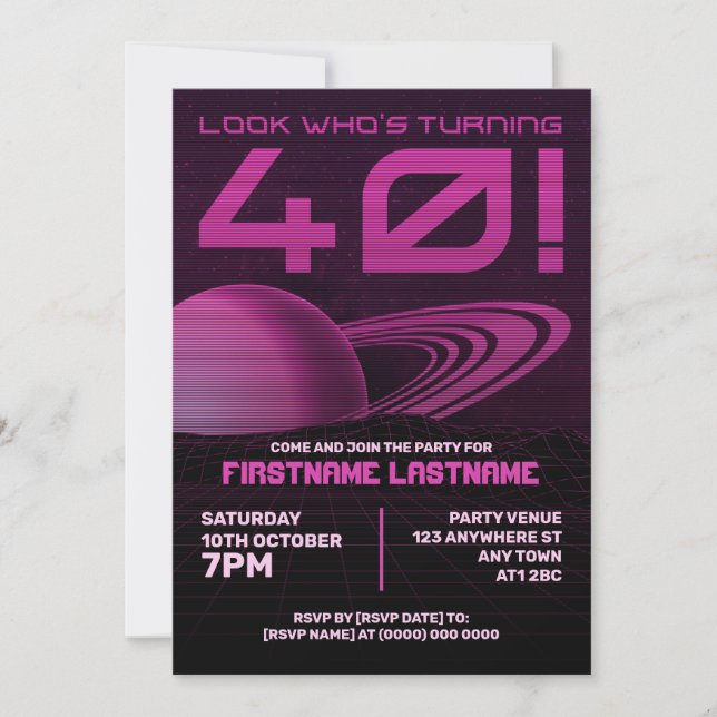 Convite de festas aniversário de 40 anos retrowave (Frente)