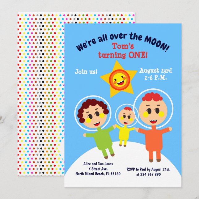 Convite de festas astronauta do primeiro aniversár (Frente/Verso)