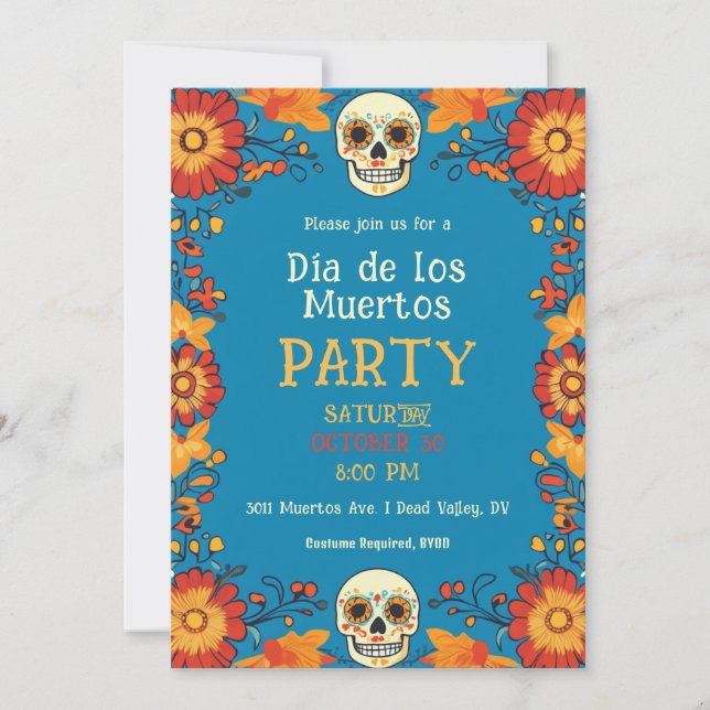 💀 🎉 Convite de festas Azul Día de Muertos (Frente)