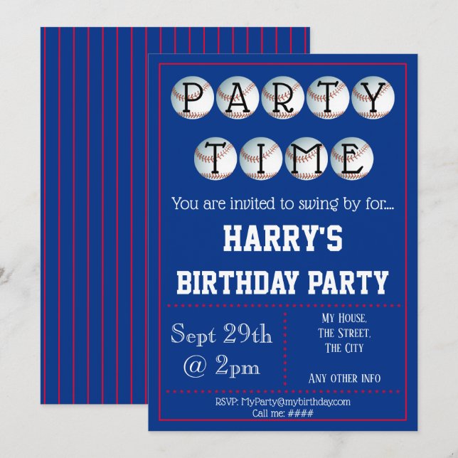Convite de festas Baseball Editável (Frente/Verso)