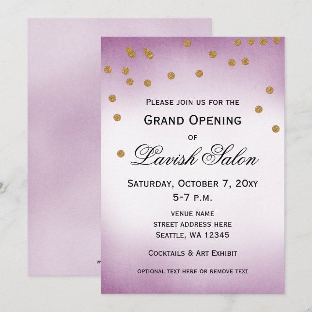 Convite de festas bonito de Grande Abertura Roxo (Frente/Verso)