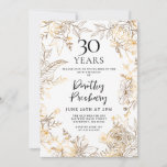 Convite de festas Branco Floral Dourado<br><div class="desc">Rosas de arte elegantes de linha dourada e deixa em volta os detalhes do seu aniversário de 30 anos.</div>