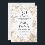 Convite de festas Branco Floral Dourado<br><div class="desc">Rosas de arte elegantes de linha dourada e deixa em volta os detalhes do seu aniversário de 30 anos.</div>