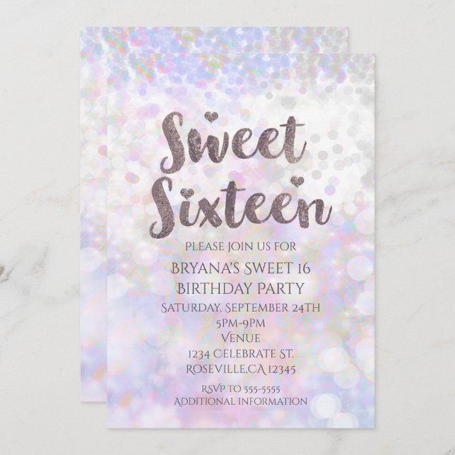 Convite de festas brilhante branco iridescente Doc (Frente/Verso)