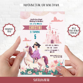 Convite de festas Brunette Princess Riding Unicorn