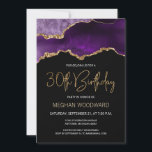 Convite de festas de Agate Dourado<br><div class="desc">Este elegante convite de festas apresenta uma imagem de aquarela de um geode agado em tons de roxo com realces de ouro falsos. As palavras "aniversário de 30 anos" aparecem na falsa brilha dourada em letra decorativa moderna de escrita manual. Personalize-o com o nome do honroso em texto dourado e...</div>