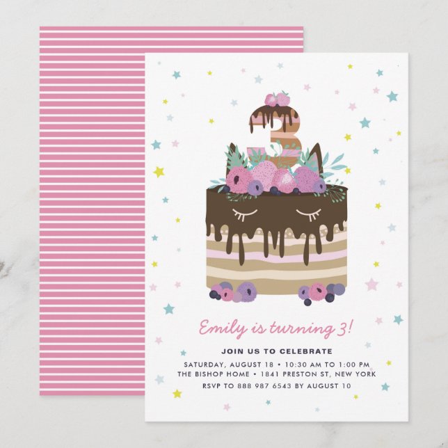 Convite de festas de aniversário de 3 anos de Bolo (Frente/Verso)