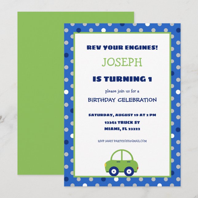 Convite de festas de Aniversário de criança de car (Frente/Verso)