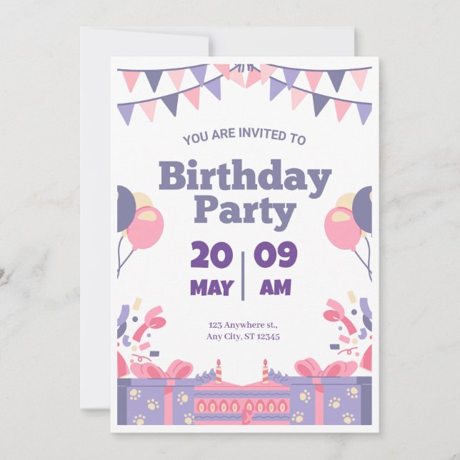 Convite de festas de Aniversário Púrpura e Rosa (Frente)