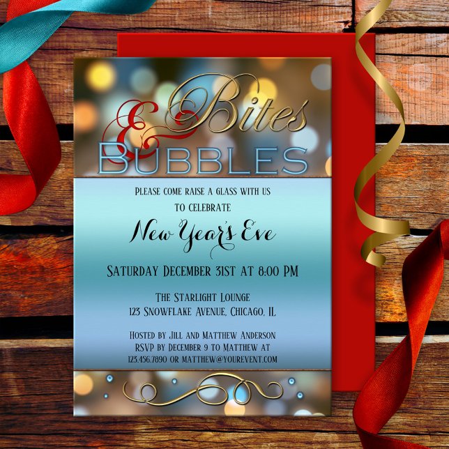 Convite de festas de Ano Novo do Bites Sparkly ( New Year's Eve party invitation showing a sparkly festive design with a blue shiny text background)