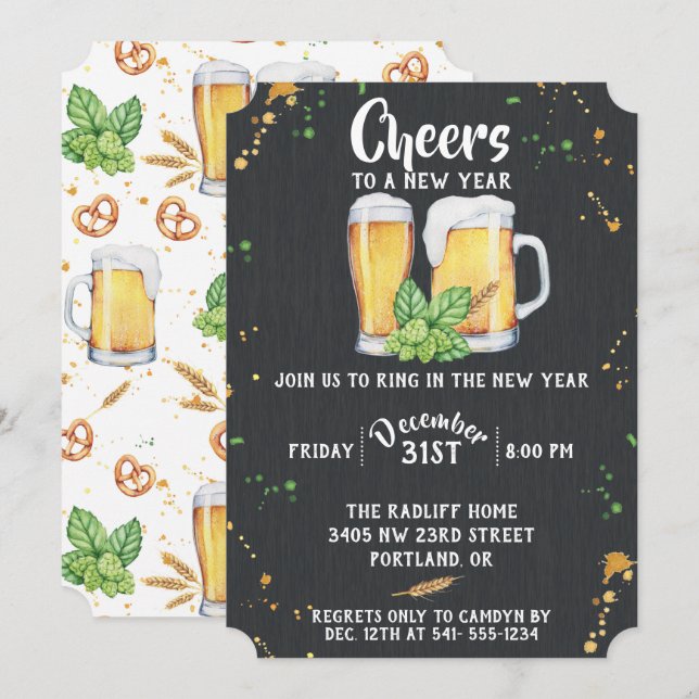 Convite de festas de Ano Novo do Estilo Pub (Frente/Verso)