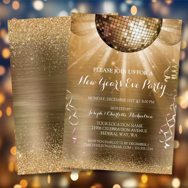 Convite de festas de Ano Novo do Gelado Dourado Me (Metallic Gold Glam New Year's Eve Party Invitation)