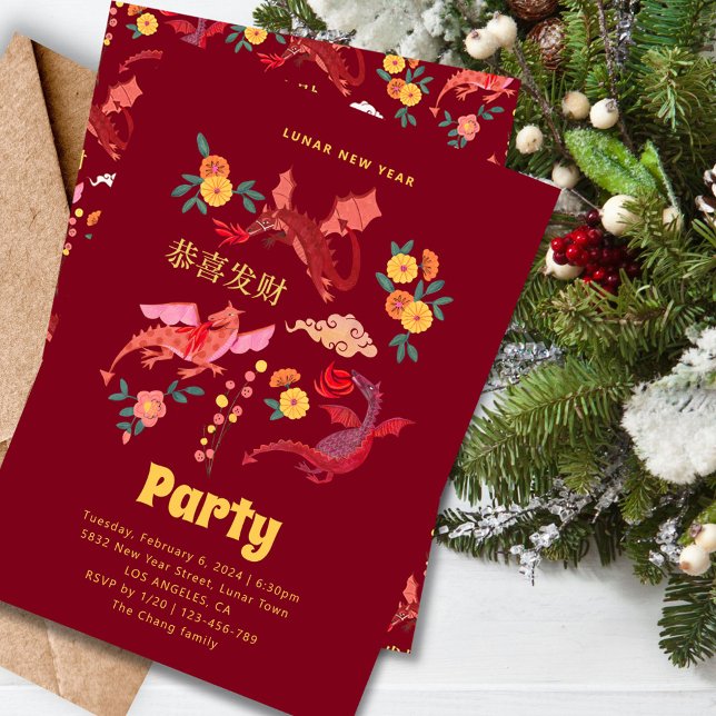 Convite de festas de Ano Novo do Lunar Vermelho Ch (Chinese Red Lunar New Year Party Invitation)