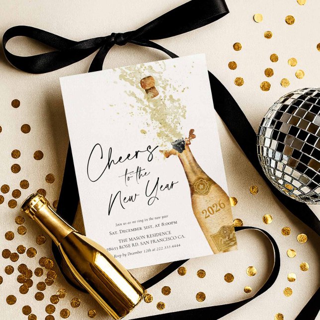 Convite de festas de Ano Novo Elegante (New Years Black and Gold Invitation)