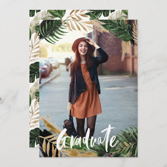 Convite de festas de anúncio de formatura tropical (Frente/Verso)