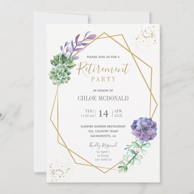 Convite de festas de aposentação de suculentos rox (Frente)