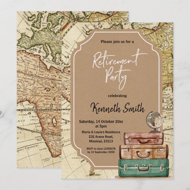 Convite de festas de Aposentação do Tema viagem (Frente/Verso)