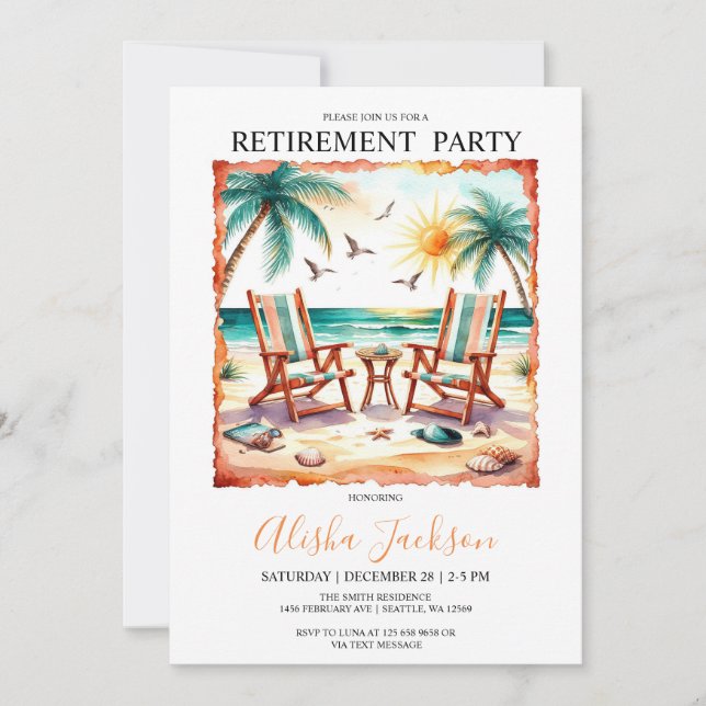 Convite de festas de aposentadoria - Beach Lounger (Frente)
