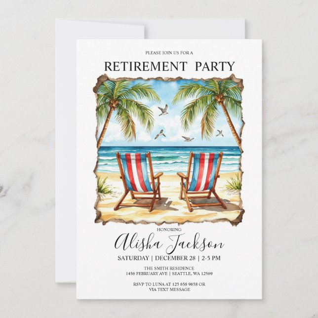 Convite de festas de aposentadoria - Beach Lounger (Frente)