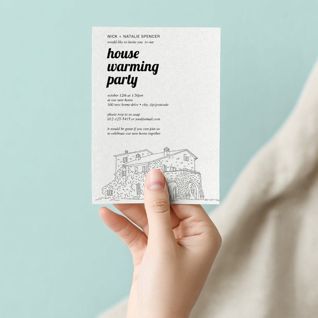 Convite de festas de aquecimento da casa (Modern housewarming invitation with bold script and home sketch.)