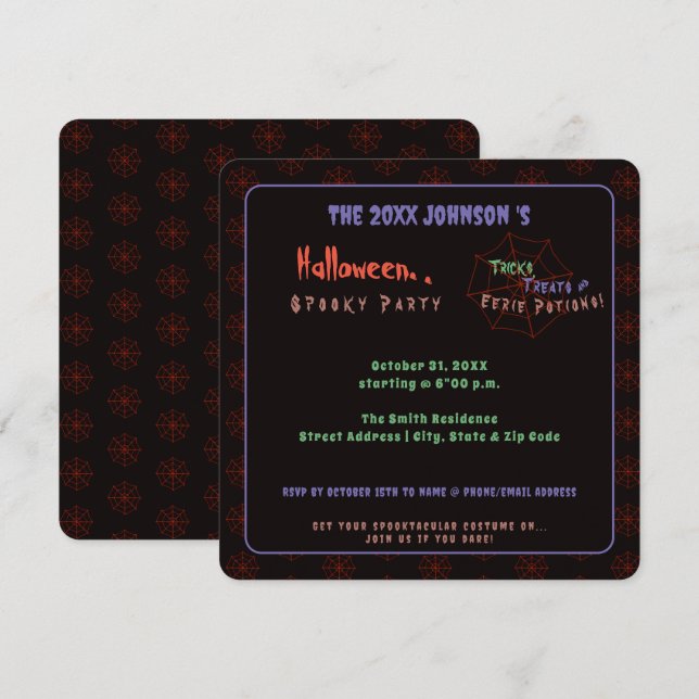 Convite de festas de aranha do Halloween Negro Spo (Frente/Verso)