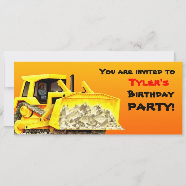 Convite de festas de Bulldozer Personalizado para  (Frente)