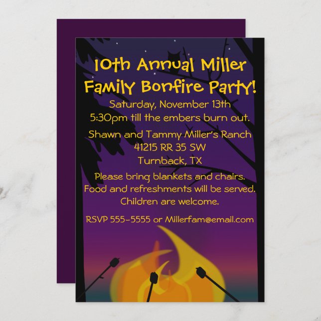 Convite de festas de Campfire (Frente/Verso)