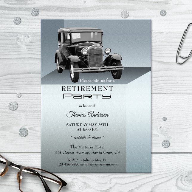 Convite de festas de carro vintage (Retirement party invitation showing a vintage car on a silver grey metallic style design background)