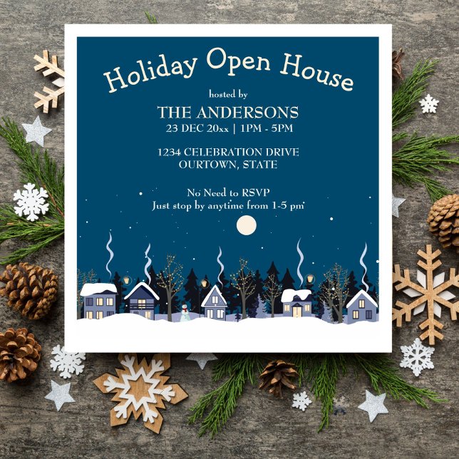 Convite de festas de casas abertas de férias da al (Winter village holiday open house party editable template invitation digital download)