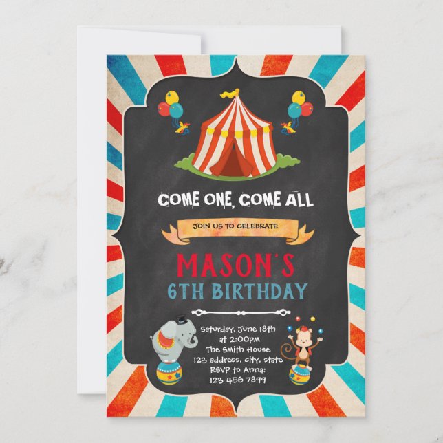 Convite de festas de chá de aniversário de Circus (Frente)