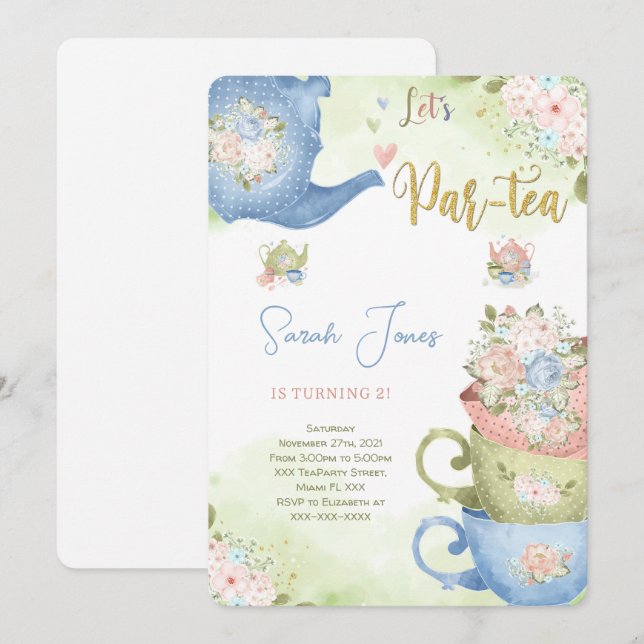 Convite de festas de chá segundo aniversário (Frente/Verso)
