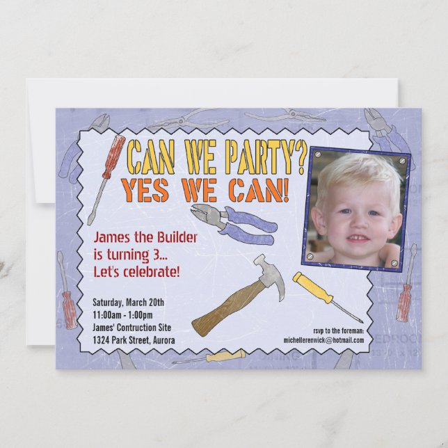 Convite de festas de Construção com Foto (Frente)