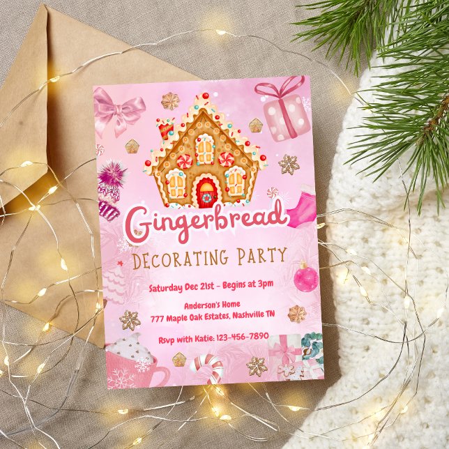 Convite de festas de decoração da casa de pão rosa (Criador carregado)