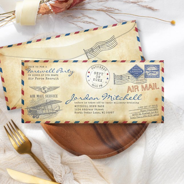Convite de festas de despedida militar do Vintage  (Vintage Air Mail Military Rustic Going Away Party Farewell Party Invitation, Air Force Graduation )