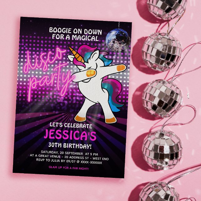Convite de festas de Disco Unicórn Dançado (Time to get your groove on with our out of sight, Dancing Unicorn Disco Party birthday )