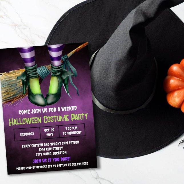 Convite de festas de fantasia de Halloween (Celebrate a wicked Halloween costume party by sending out these wicked witch Halloween invitations.)